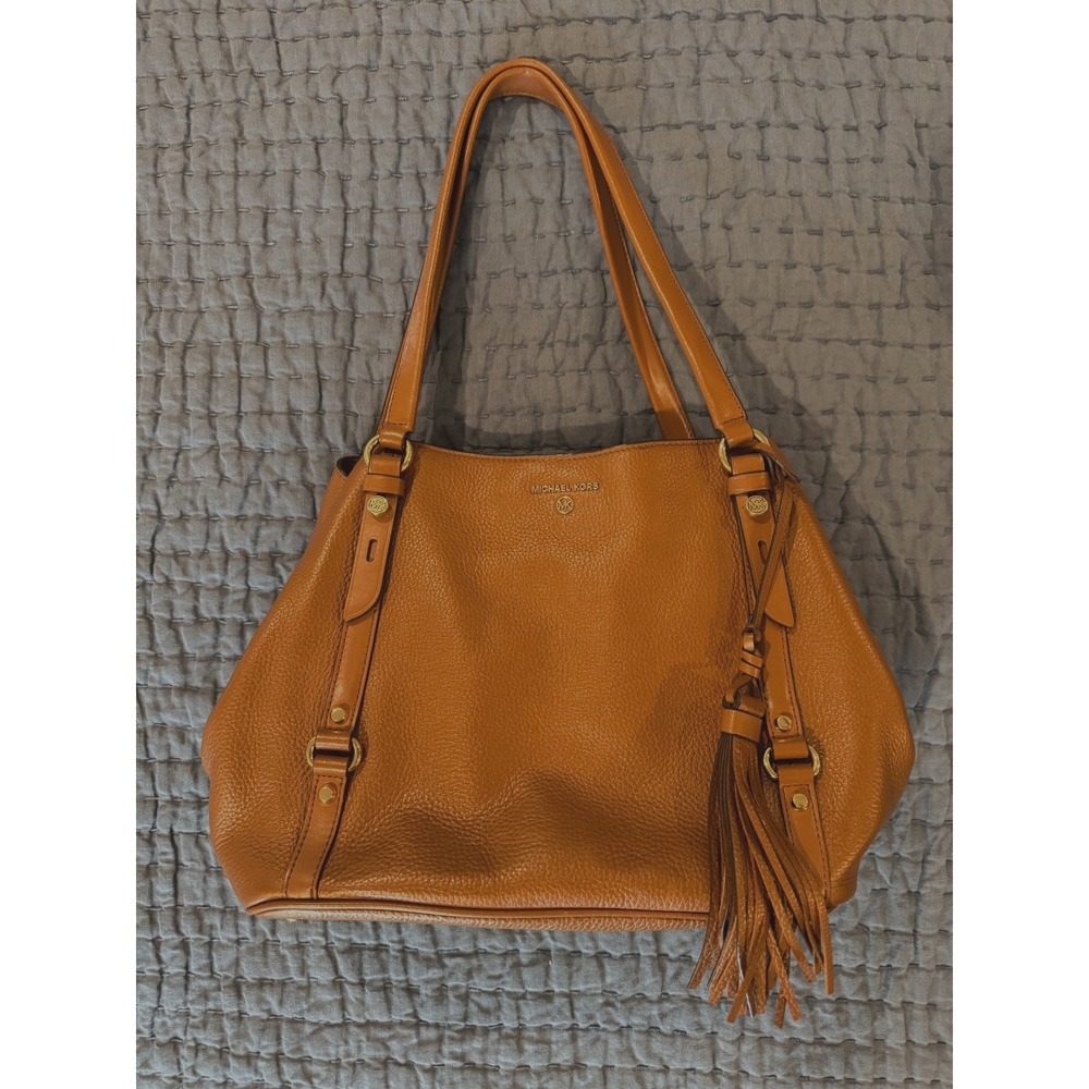 Michael Kors Carrie Large Pebbled Leather Tote Bag Luggage Brown Gold Hardware - Picture 5 of 16